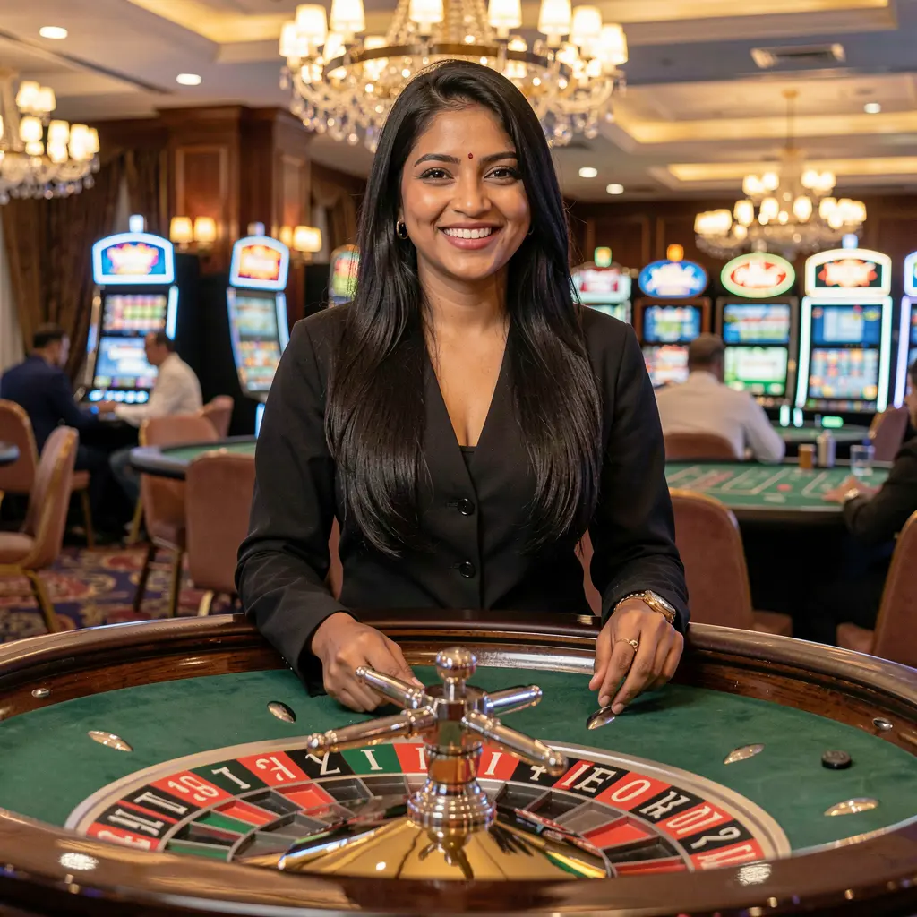 Professional casino dealer standing at a roulette table inside a luxury casino environment highlighting the premium live gaming atmosphere of 72OK Casino in Bangladesh