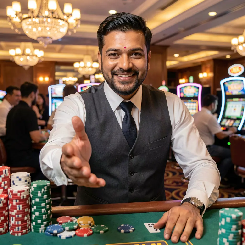 Friendly Bangladeshi casino dealer extending his hand in welcome with glowing poker chips and casino lights highlighting trust and excitement on 72OK